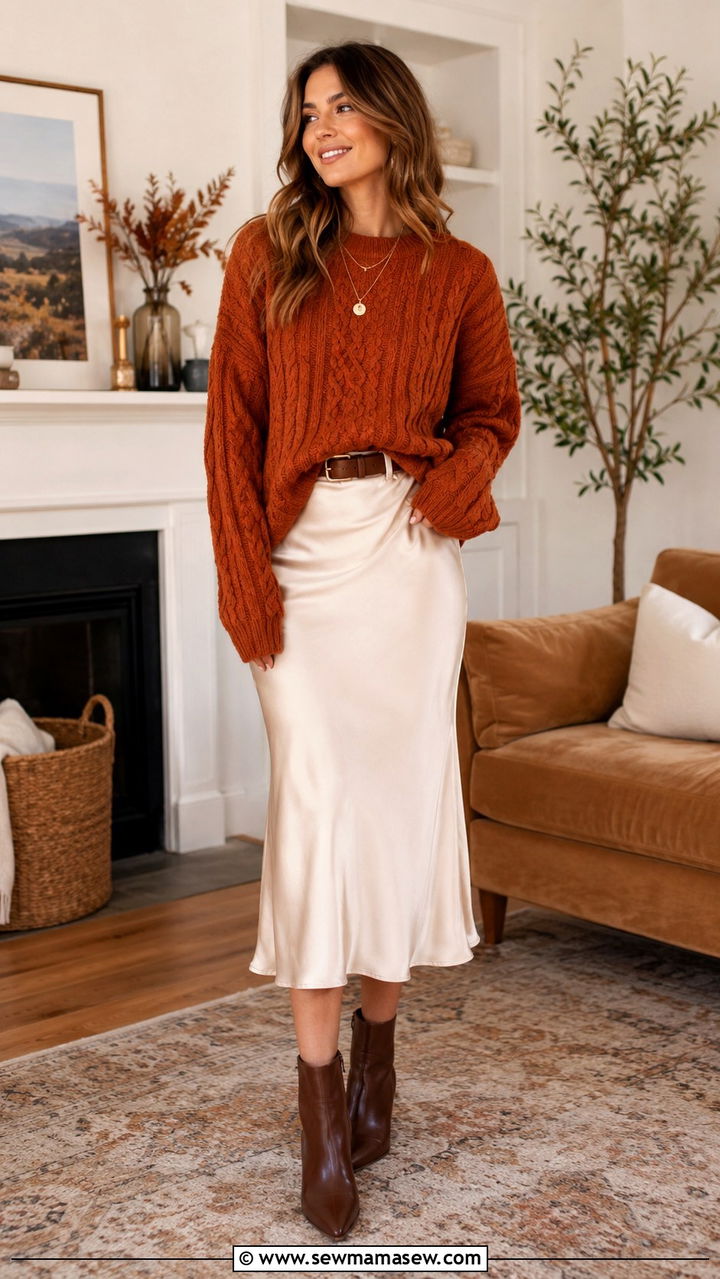 Woman wearing a cable knit sweater with an ivory satin midi skirt and brown boots