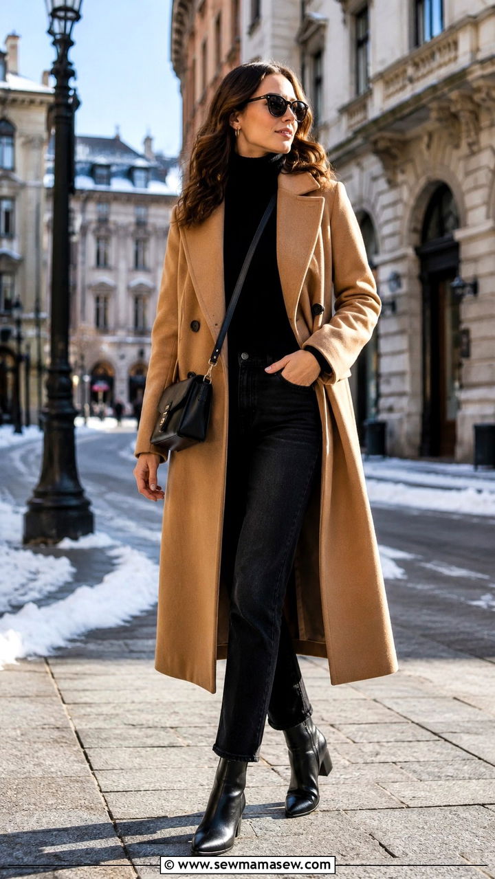 Woman wearing a camel wool coat over a black turtleneck with jeans in a winter street-style look