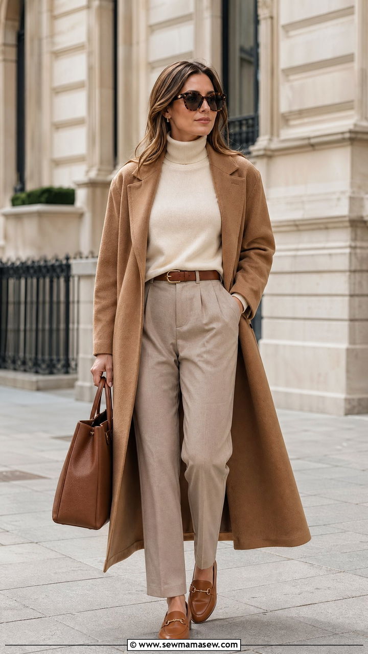 Woman wearing a cream turtleneck under a classic camel coat