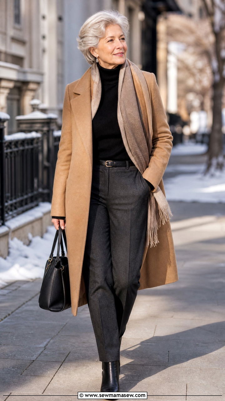 Older woman wearing a camel coat over a black turtleneck with slim taupe trousers