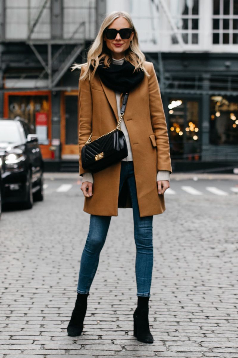 Woman in a camel wool coat with jeans