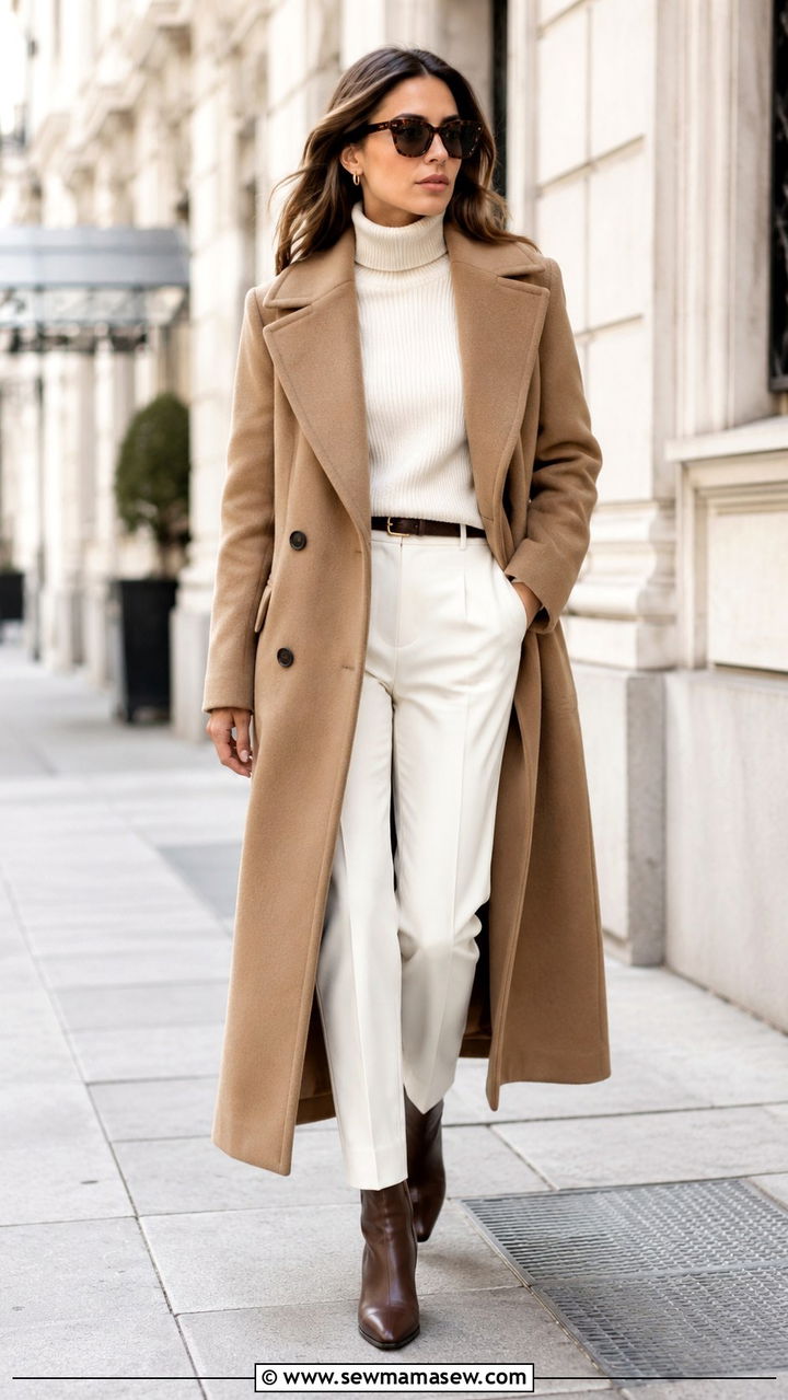 Woman wearing a camel wool coat over a cream turtleneck with tailored trousers