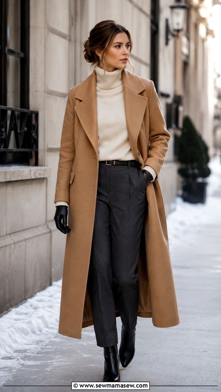 Woman wearing a camel wool coat with a cream turtleneck, winter street style outfit