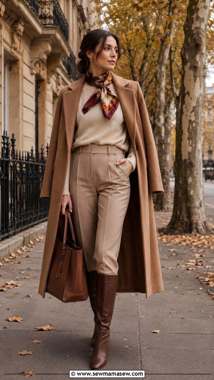 Camel coat styled with a silk scarf and tailored trousers