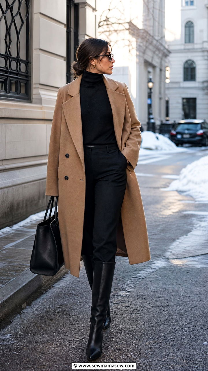 Woman in a camel double-breasted wool coat, black turtleneck, black tailored trousers and knee-high boots on a snowy city street