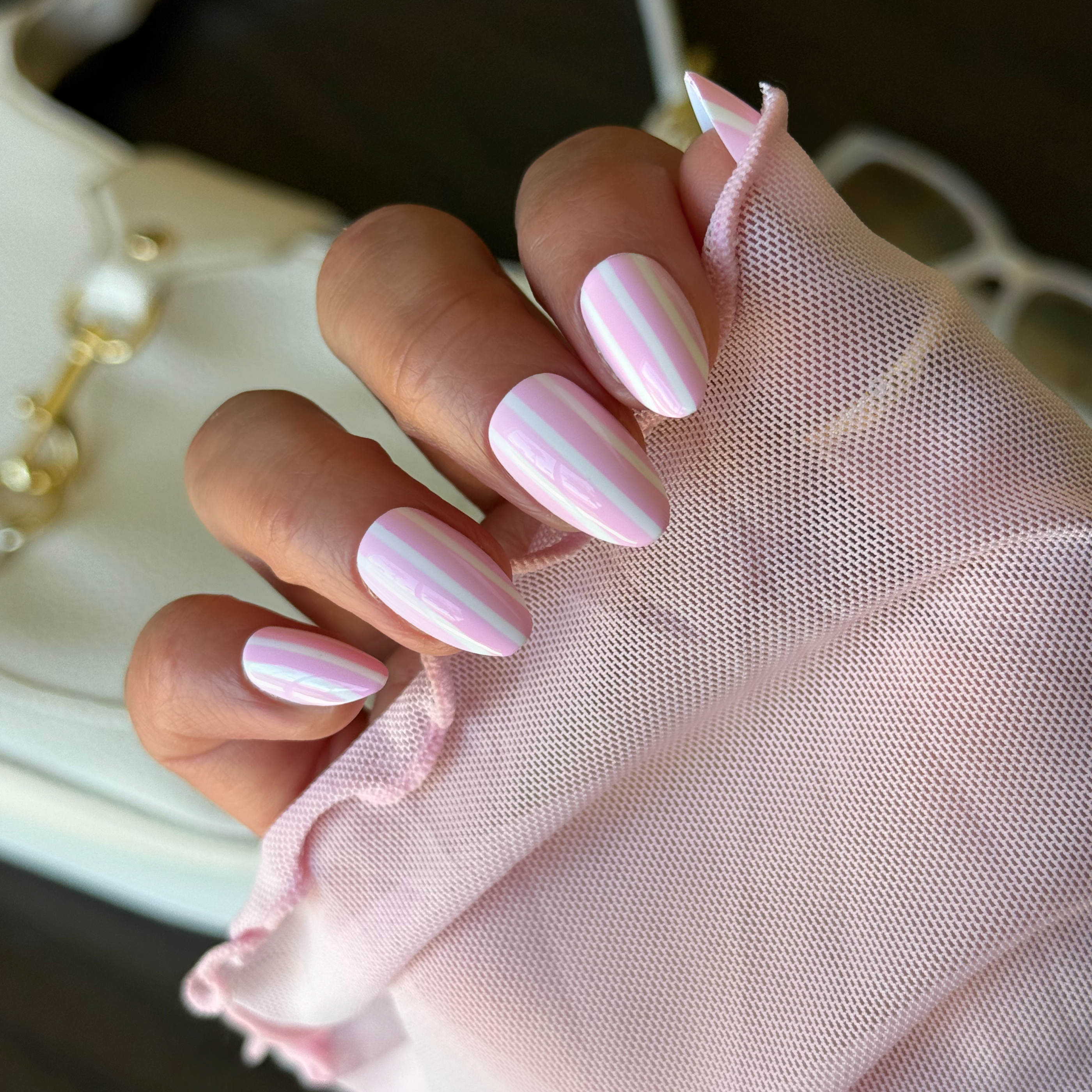 Pink and white candy stripe press-on nails