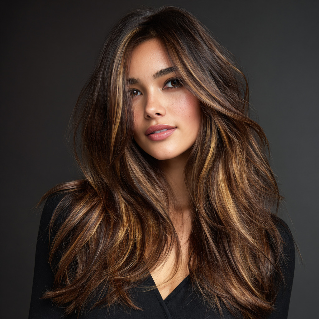 Long wavy chocolate brown hair with caramel face-framing highlights