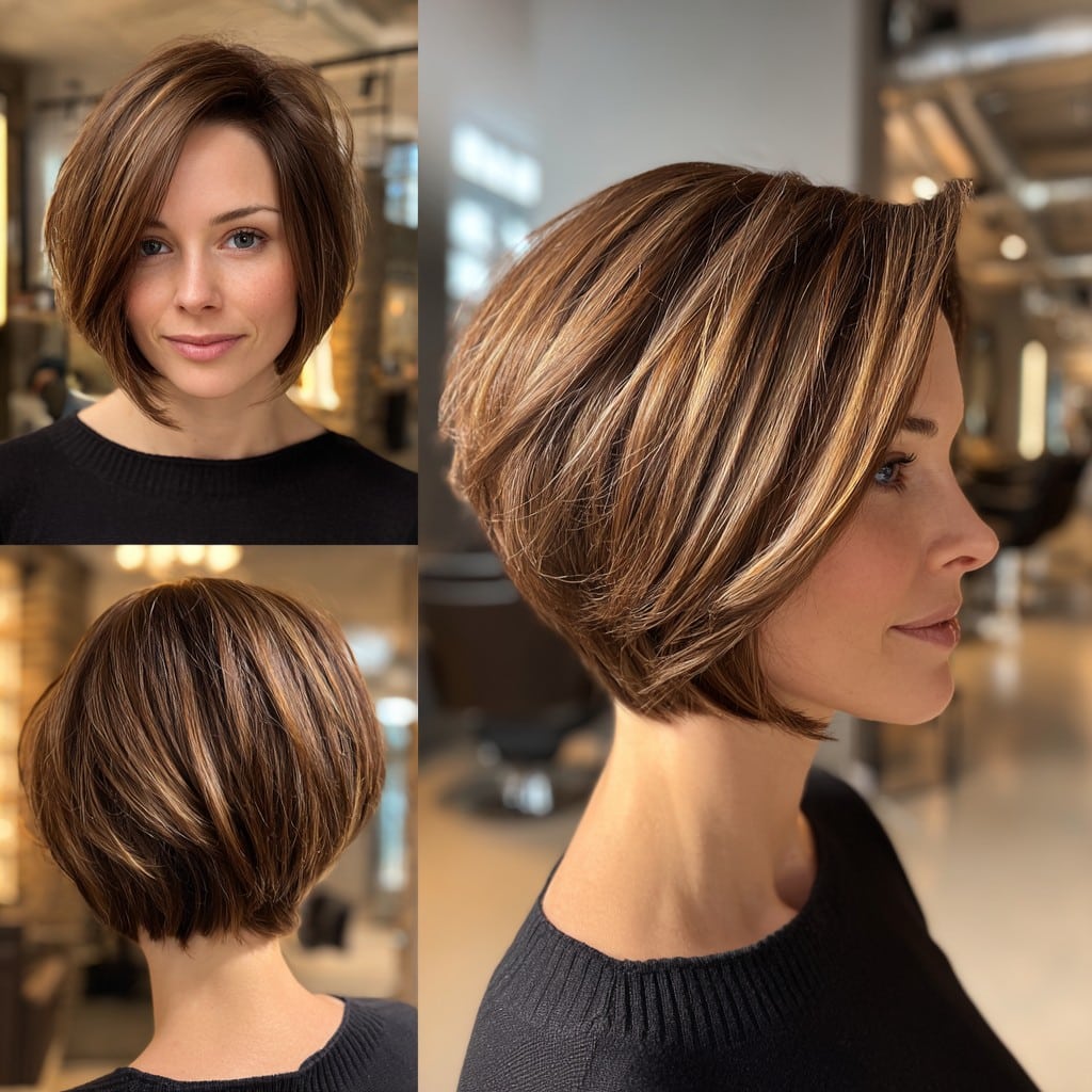 Voluminous layered brunette bob with caramel highlights shown from three angles