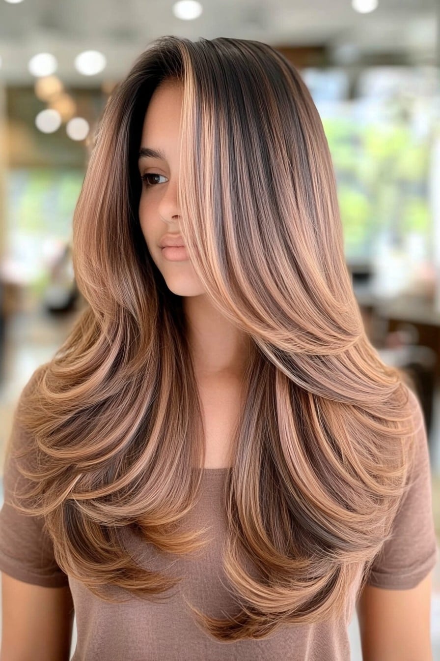 Voluminous face-framing layers in caramel mocha hair color