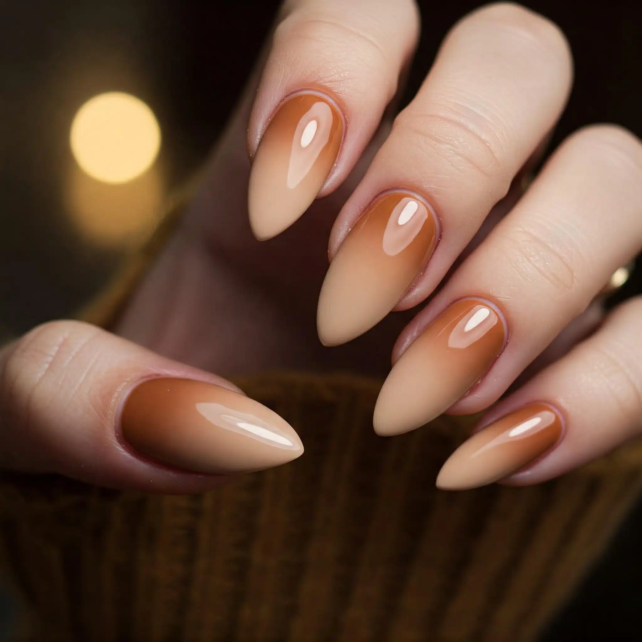 Almond nails with caramel to nude ombre gradient