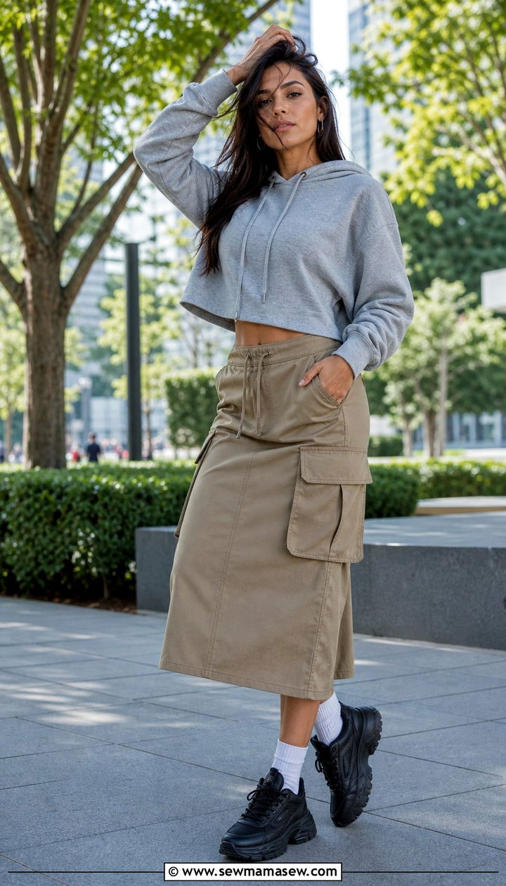 Woman in a cargo skirt with an oversized hoodie
