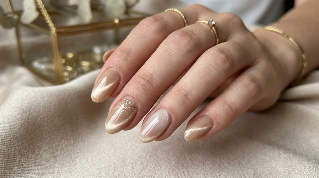 Champagne Cat-Eye: a magnetic champagne cat-eye with silk shimmer on almond nails