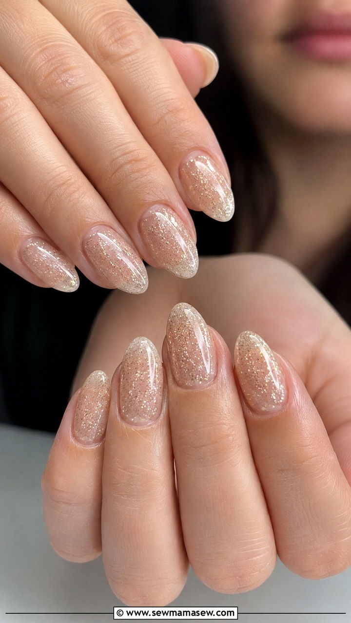 Almond nails covered in champagne gold glitter