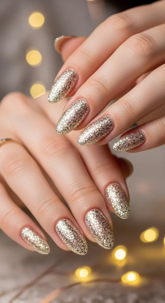 Champagne Gold Micro-Glitter: a nude base with fine gold glitter on almond nails