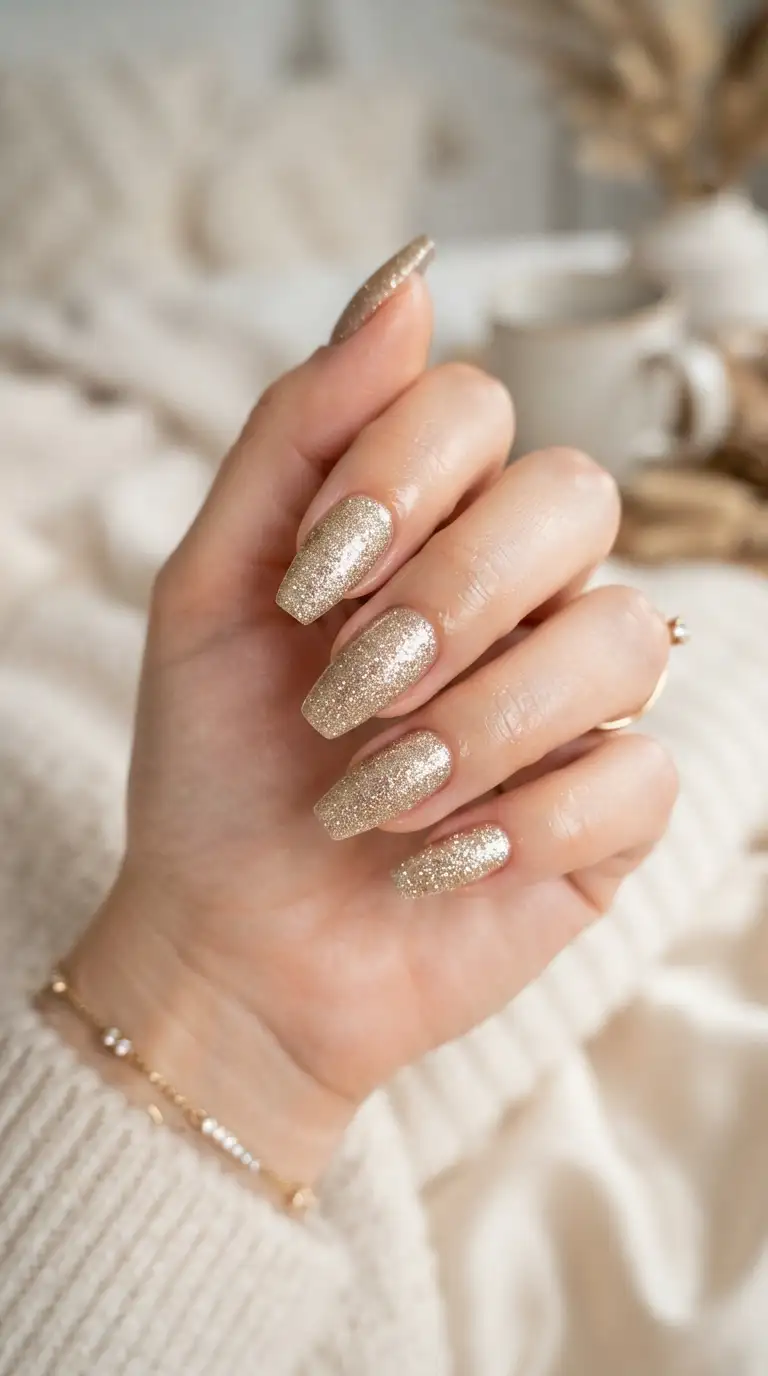 Coffin nails covered in champagne gold glitter
