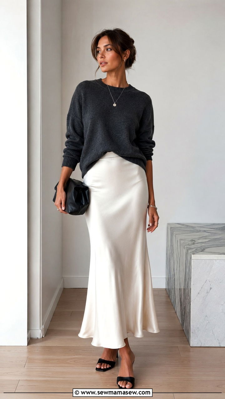 Charcoal cashmere oversized sweater with an ivory slip skirt and kitten heels