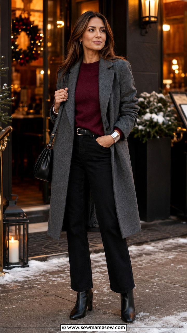 Woman wearing a grey wool coat with burgundy sweater, black trousers and black ankle boots in the evening