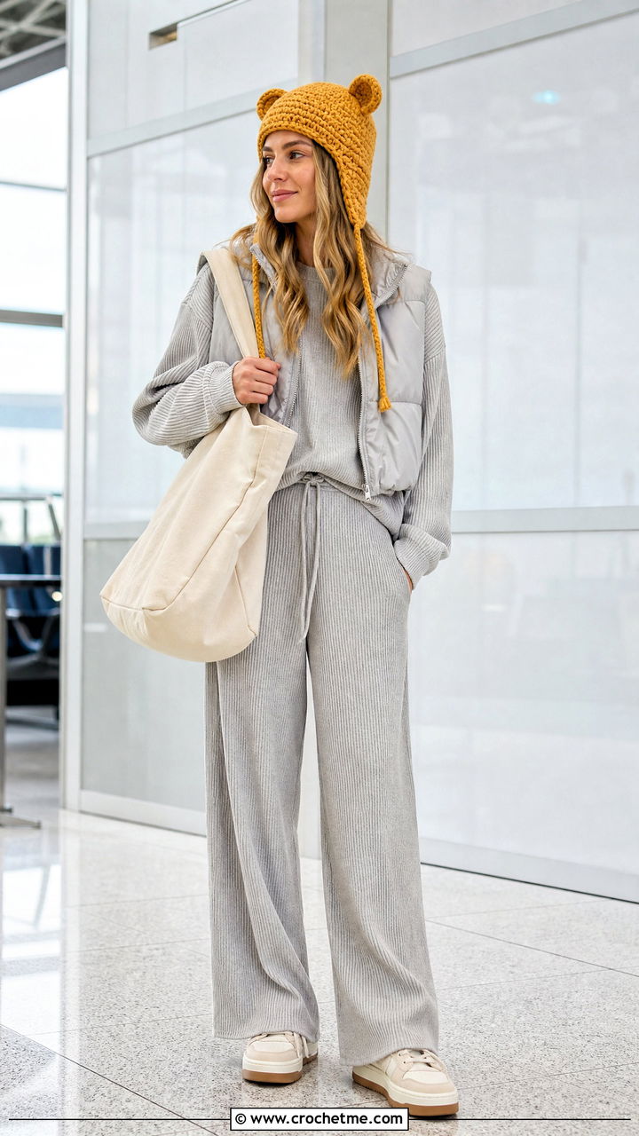 Woman wearing a matching knit lounge set with a winter hat