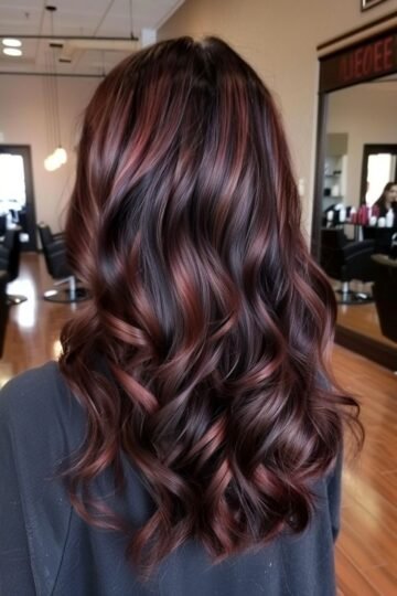 Back view of medium-length wavy dark brown hair with copper-red balayage ribbons