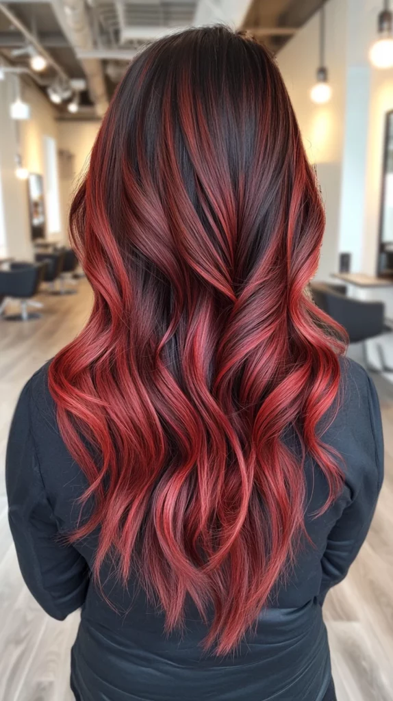 Back view of long wavy hair with cherry cola balayage melting from dark roots to bright red lengths