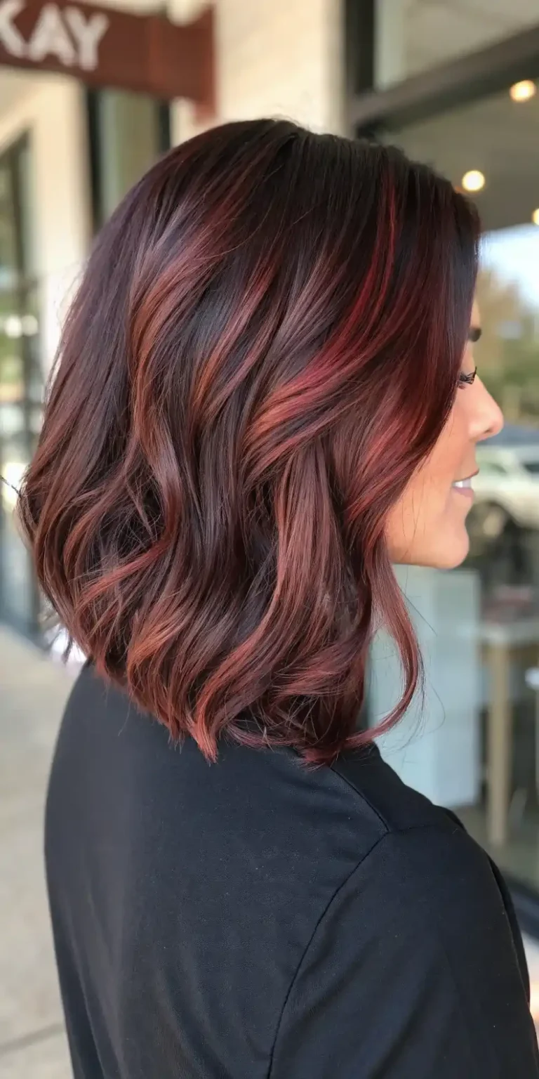 Side view of a wavy lob with mahogany-cherry ribbon balayage