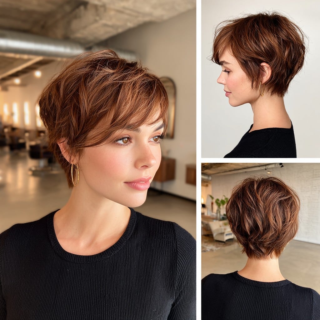 Textured pixie cut in chestnut brown