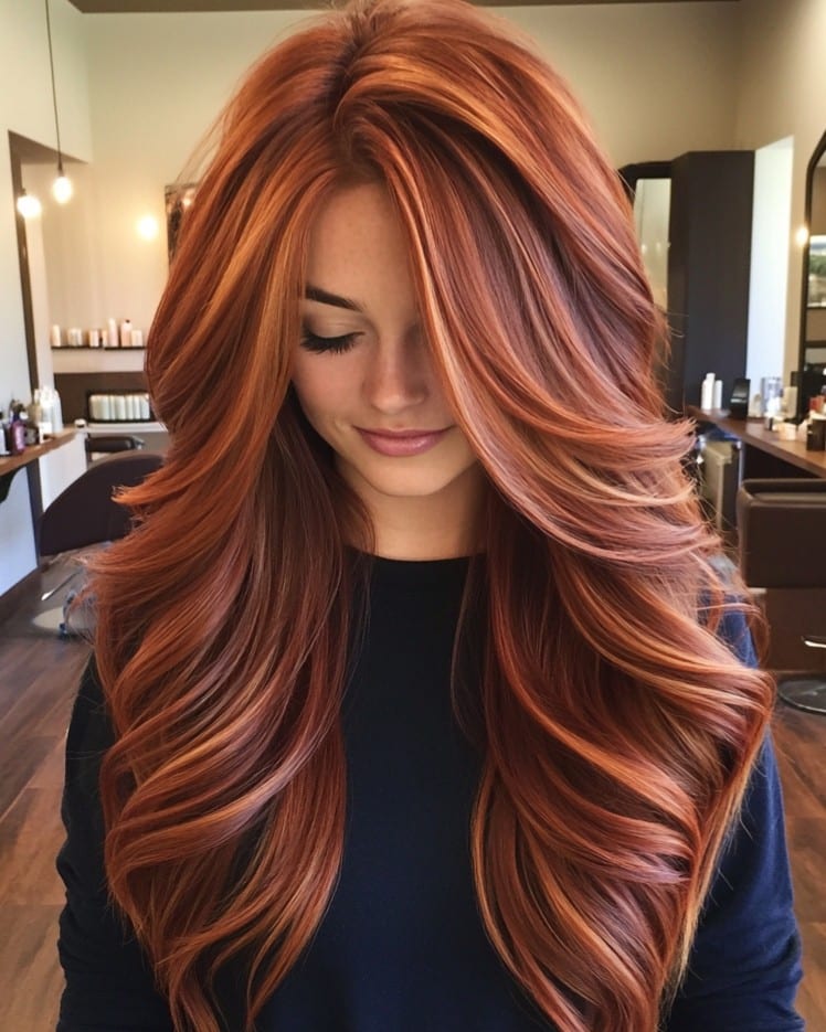 Chestnut brown hair with copper highlights