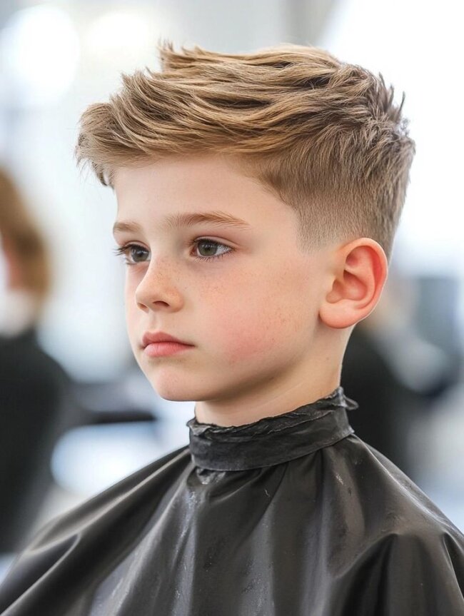 Boy with a chiseled crew cut featuring a textured top