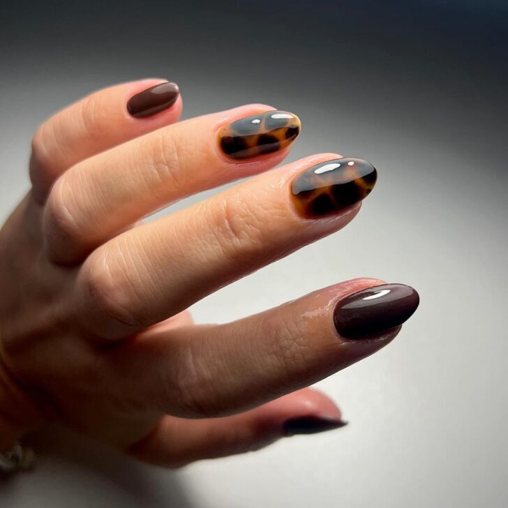 Cocoa brown nails with tortoiseshell accent nails