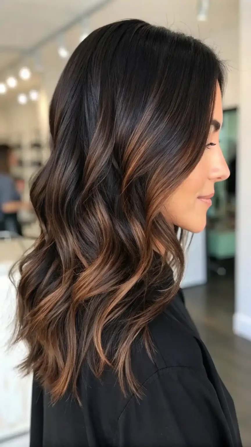 Dark chocolate brown hair with honey blonde balayage through mid-lengths