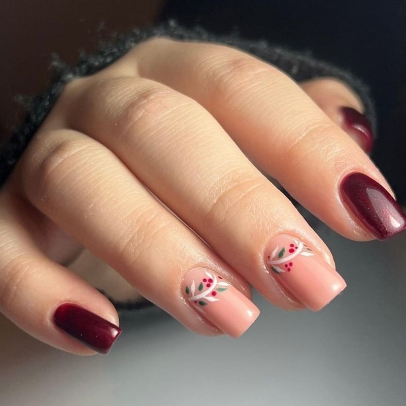 Short wine red Christmas nails with holly berry branch art