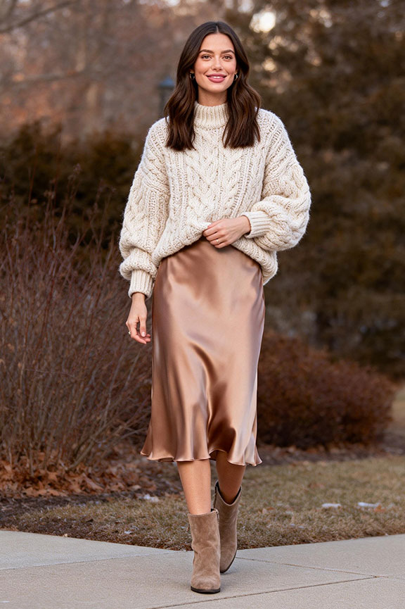 Woman in a chunky knit sweater, midi skirt and boots