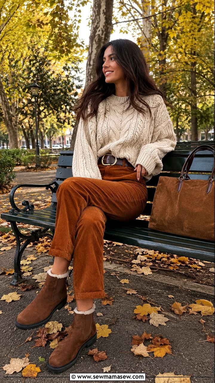 Woman in a chunky knit sweater with corduroy pants