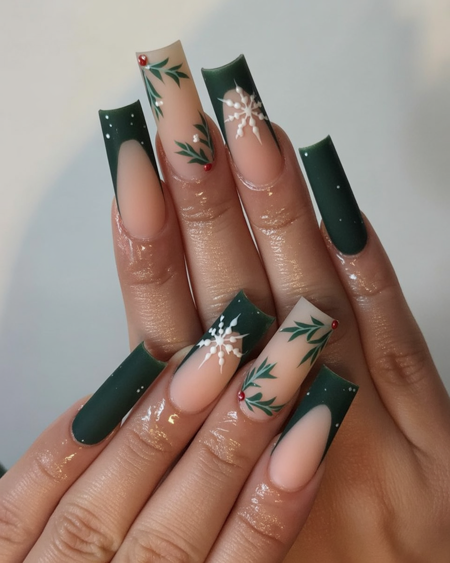 Deep forest green coffin nails with holly leaves, red berries and snowflake art