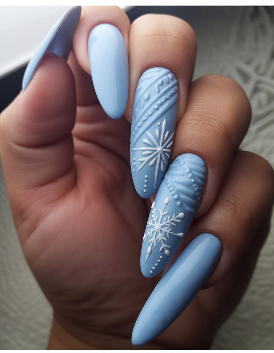 Pale blue nails with white snowflake decals on accent nails