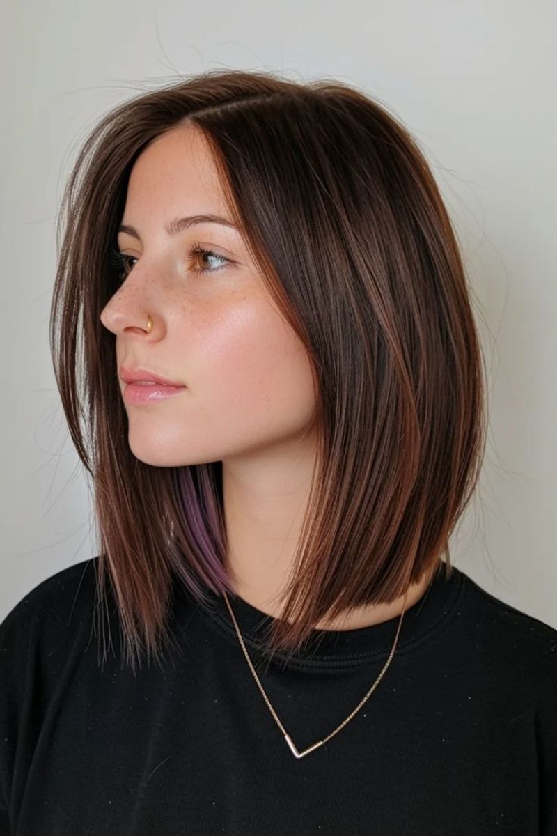 Dark espresso blunt lob with peekaboo violet accent