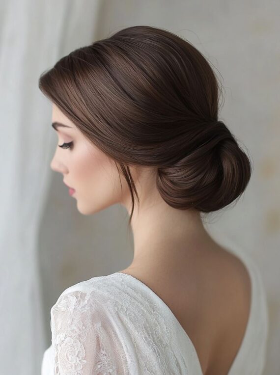 Side profile of a sleek low chignon in dark brown hair with a loose tendril framing the face.