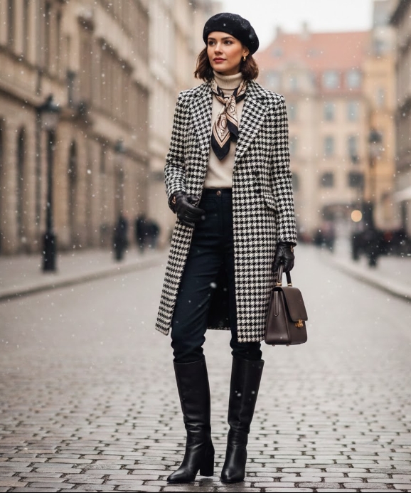 Woman in a houndstooth coat with a black beret, printed scarf, black jeans and tall black boots in falling snow