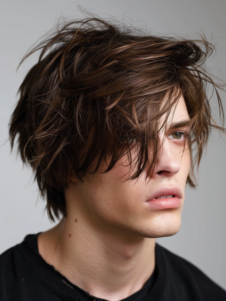 Straight shag haircut with face-framing bangs