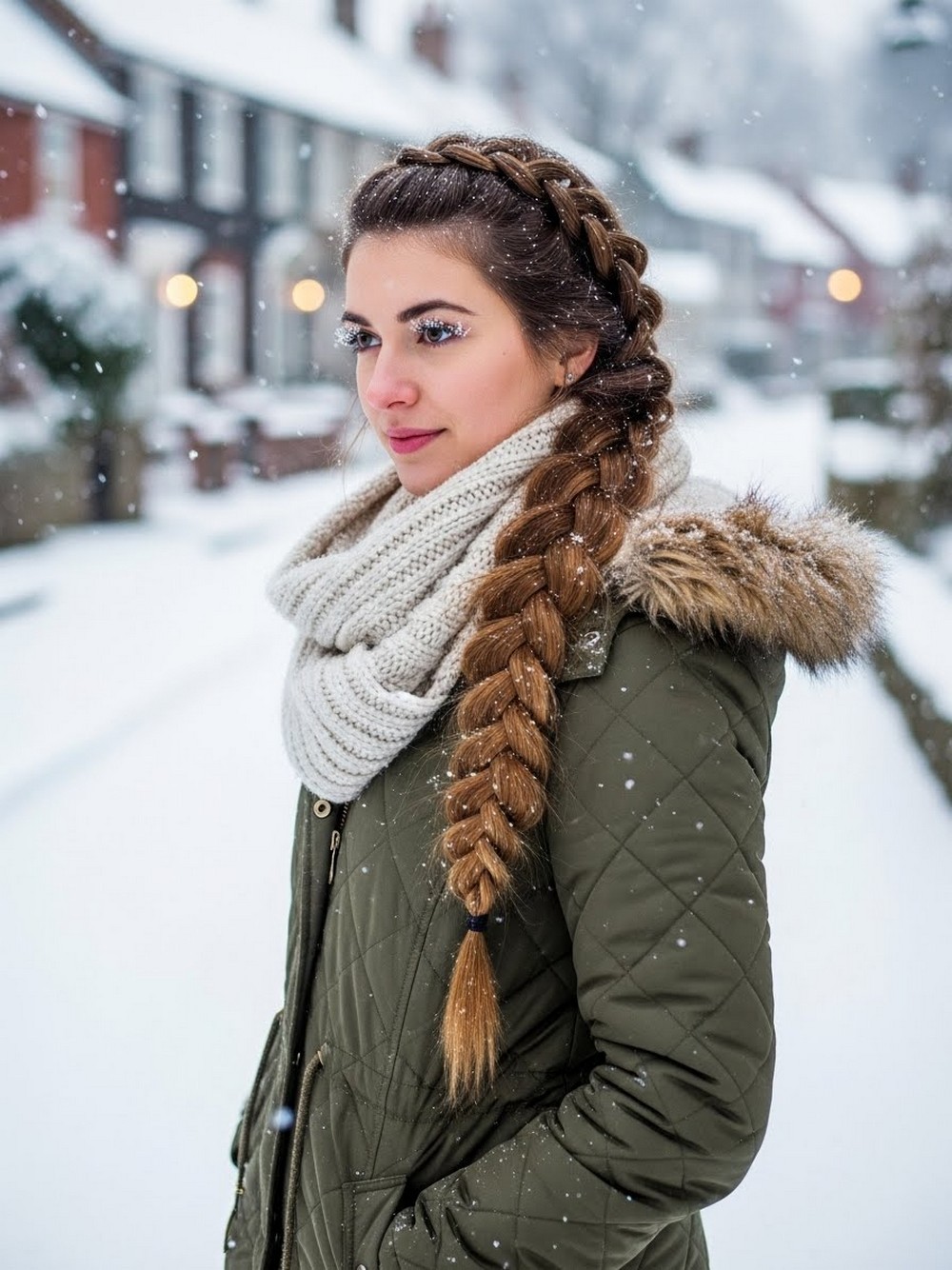 Classic French braid hairstyle with soft texture for winter