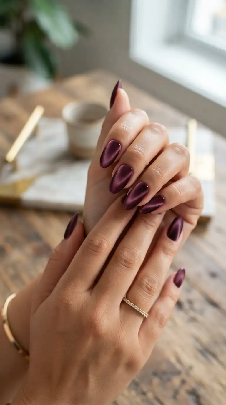 Short oval nails in velvet plum cat-eye finish