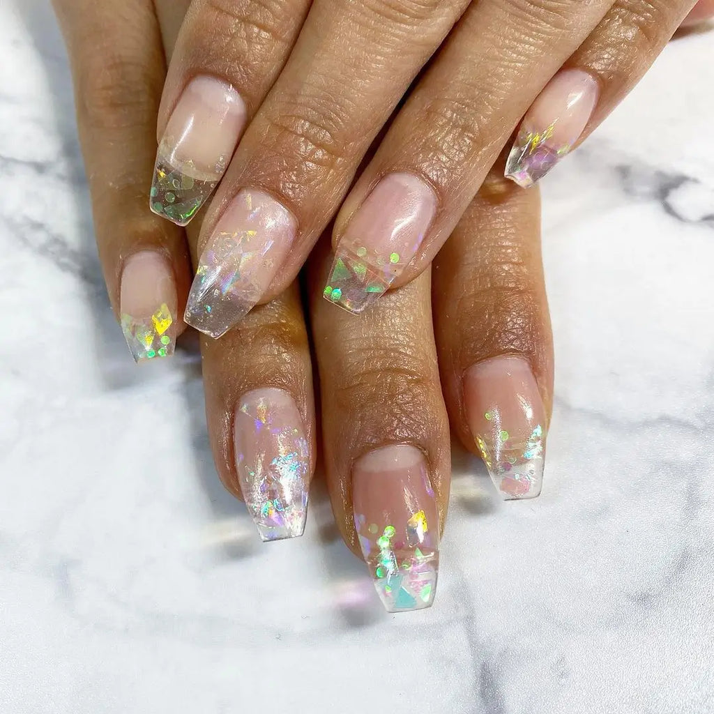 Clear nails with holographic flakes