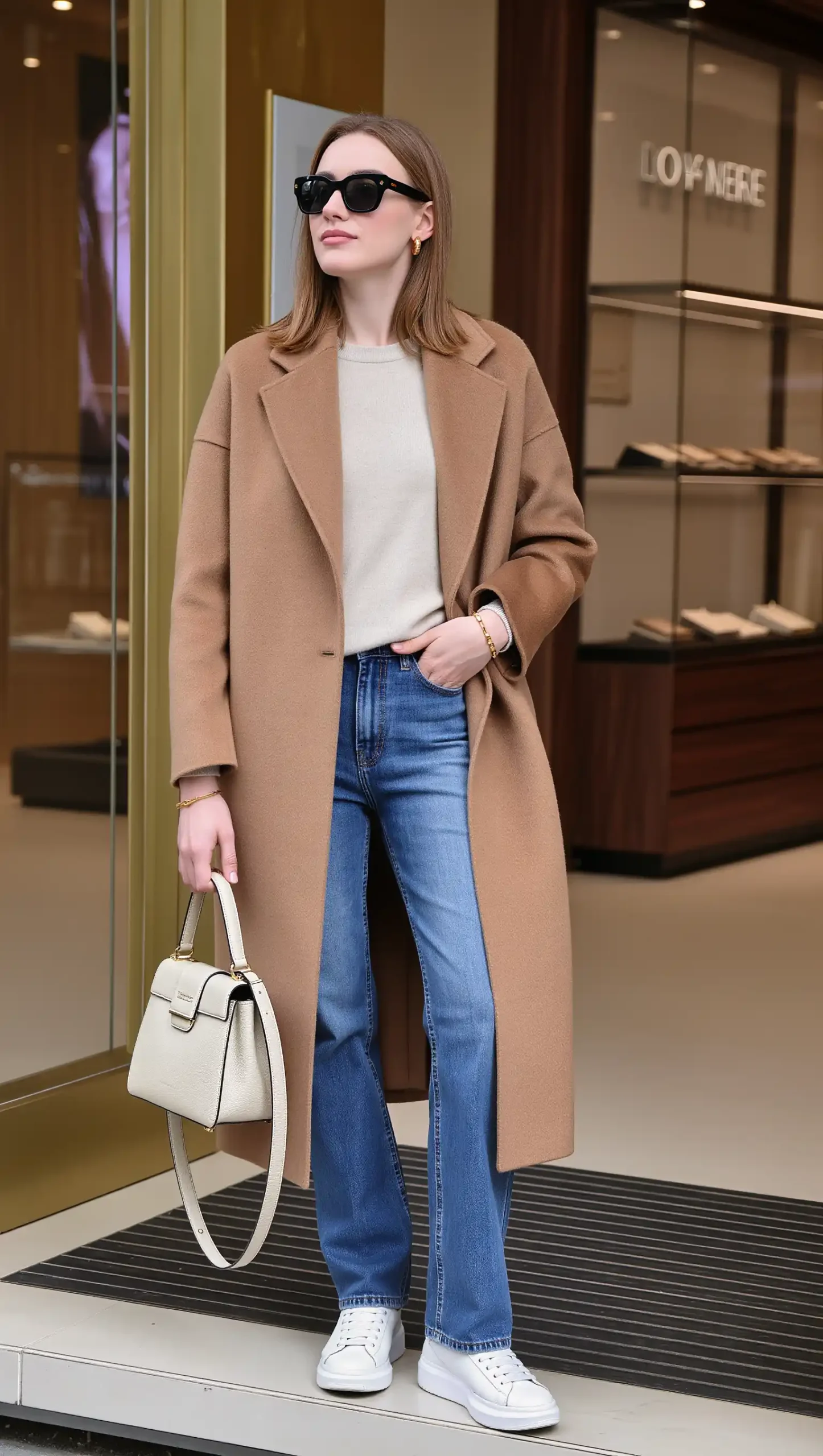 Woman in an oversized camel coat with a white top, blue jeans, and white sneakers on a city street