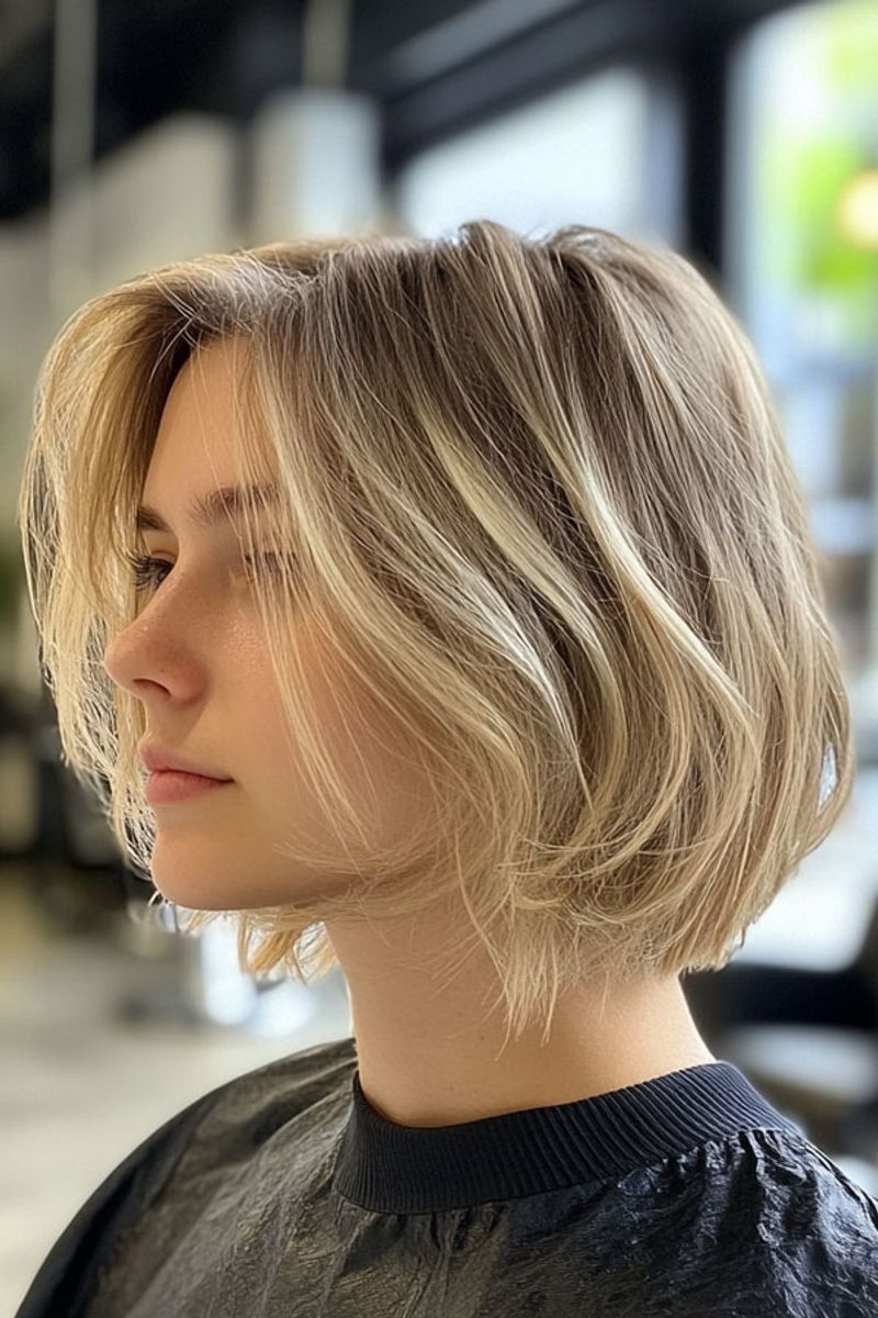 Honey blonde collarbone lob with face-framing layers