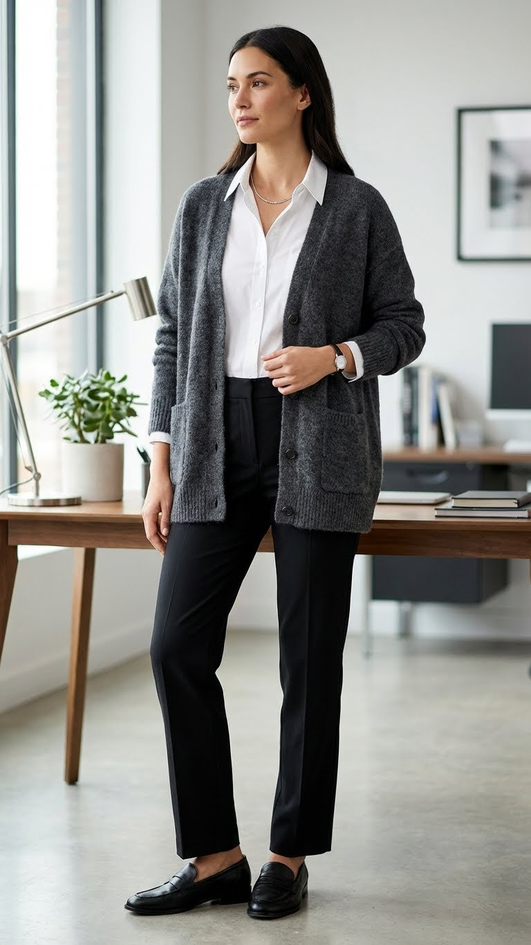Woman in an office wearing a long grey knit cardigan over a white shirt with black tailored trousers and black loafers