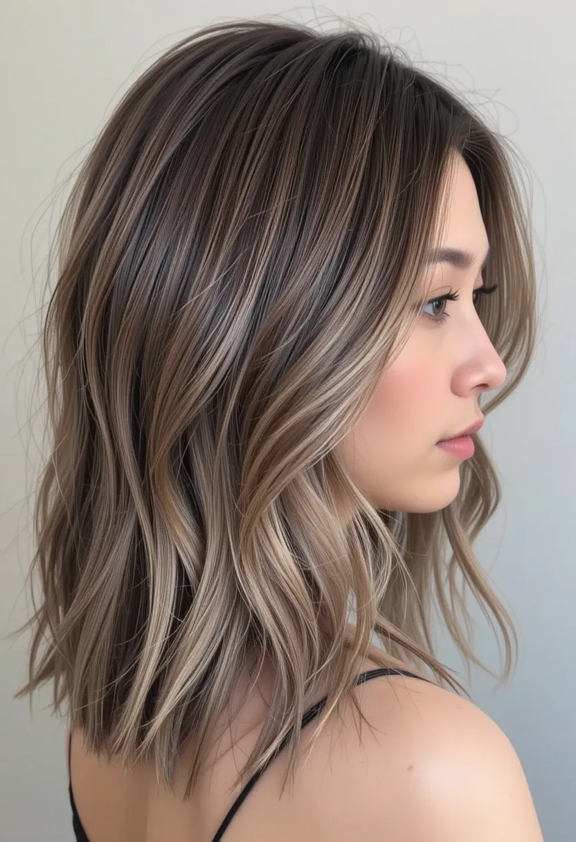 Lob haircut in ash brown with face-framing blonde highlights