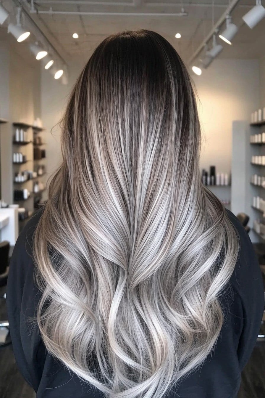 Smoky ash brown hair with pearl-blonde balayage