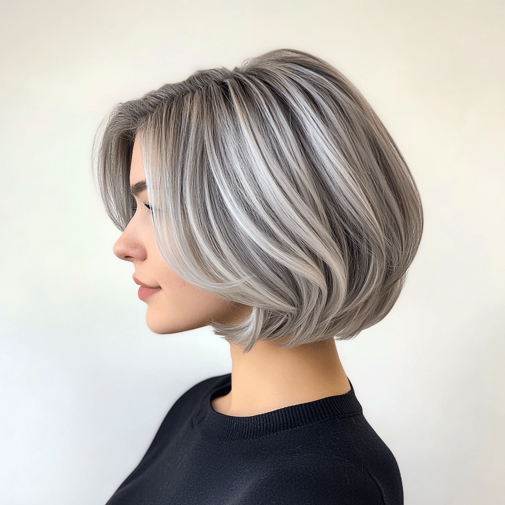 Cool silver-gray hair with a metallic shine in a layered bob