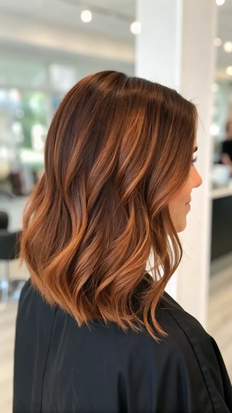 Textured lob with cinnamon copper balayage over warm brunette