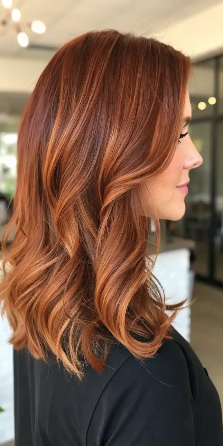 Auburn hair with bright copper hand-painted highlights